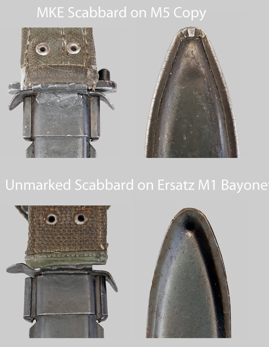 Comparison image of MKE scabbard with unmarked Ersatz M5 scabbard