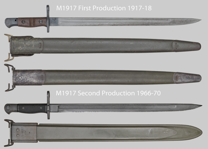 Comparison of U.S. M1917 first and second production bayonet and scabbard.